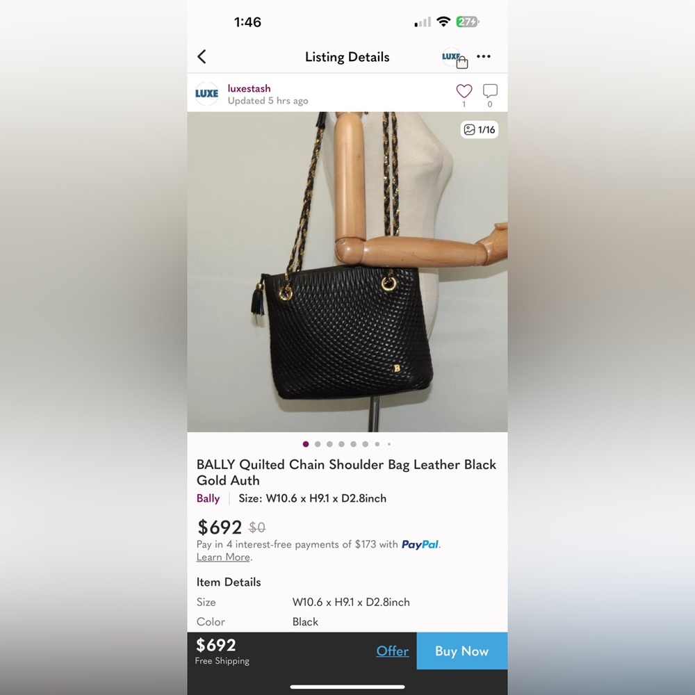 Bally Vintage Black Quilted Gold Tone Hardware Chain Straps Leather Shoulder Bag - Picture 8 of 15